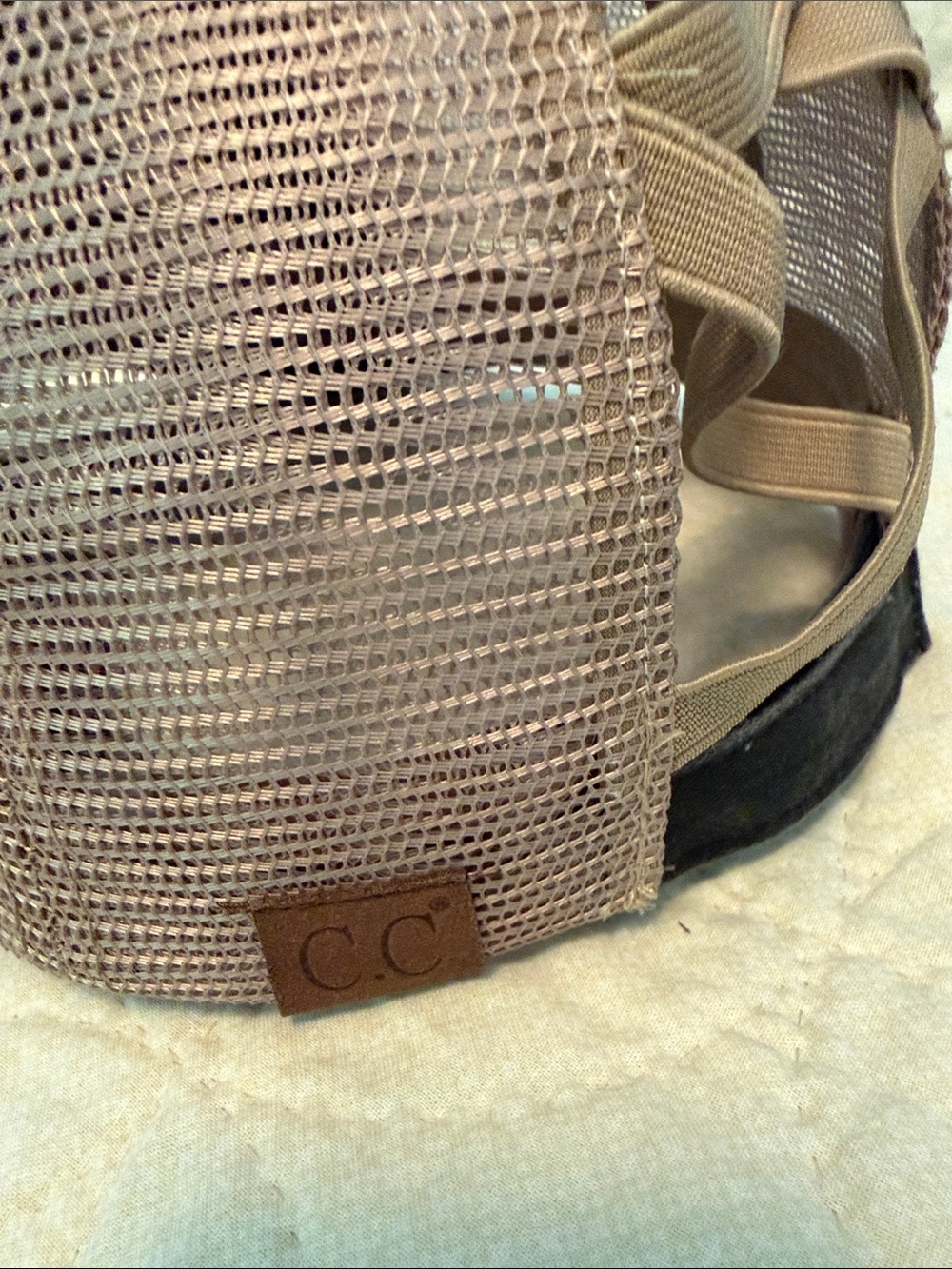 C.C Beige Mesh Ponytail Trucker Hat with Leather Patch - Picture 5 of 5